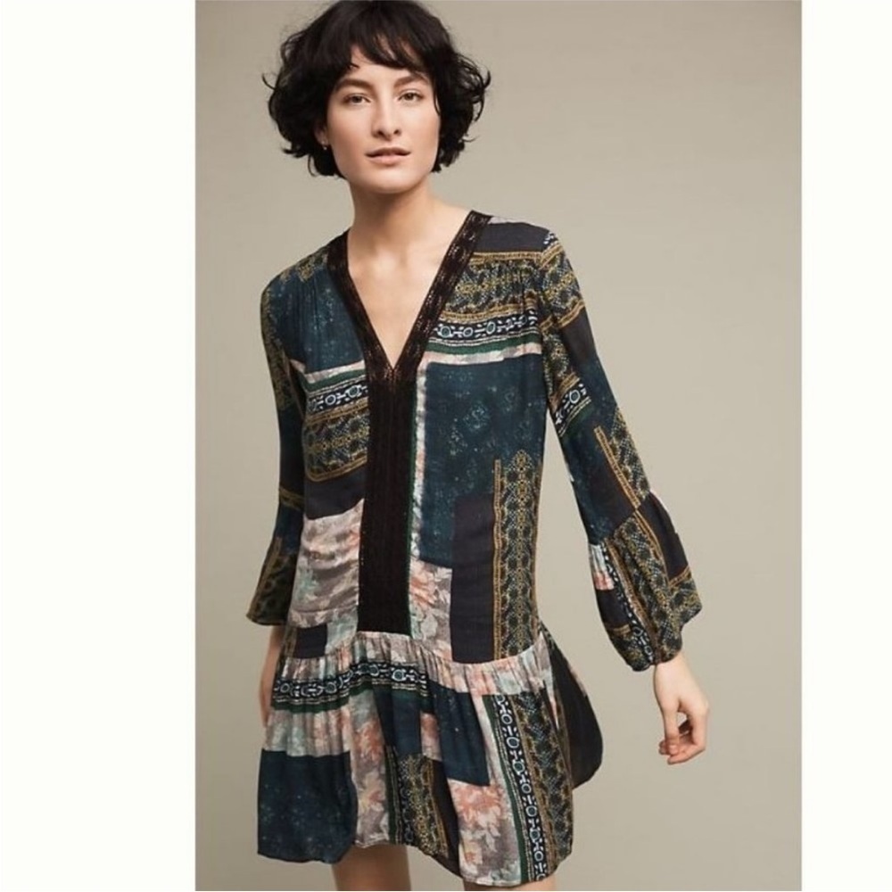 ANTHROPOLOGIE Maeve Patchwork Peasant Lace Shift Dress XS